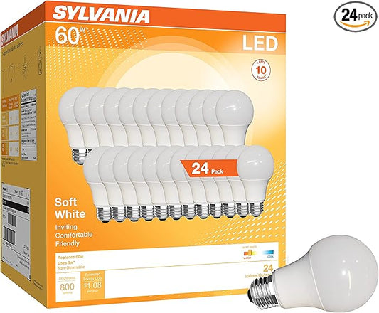 SYLVANIA LED A19 Light Bulb, 60W Equivalent, Efficient 9W, CEC Compliant, 10 Year, Non-Dimmable, 2700K, 800 Lumens, 90 CRI, Soft White - 24 Pack (Package May Vary)