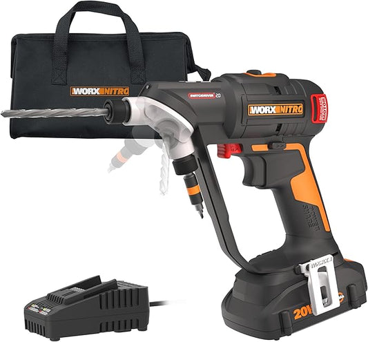 Worx Nitro 20V SwitchDriver 2.0 - 2-in-1 Brushless Cordless Drill Driver With Rotatable Dual 1/4" Chucks, Compact Design, Digital Torque Setting WX177L (Battery & Charger Included)