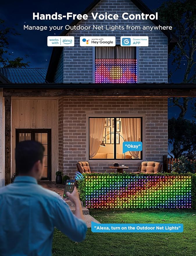 Govee Outdoor Net Lights, 2.8 × 4.7ft with RGBIC and DIY Functions, 240 LEDs Smart Net Lights with 64 Modes for Bush Patio Decor, IP65 Waterproof, Compatible with Alexa & Google Assistant, Green Wire