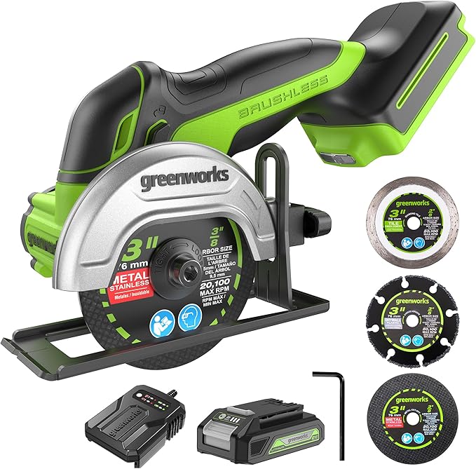 Greenworks 24V Mini Circular Cut-Off Saw Kit – Cordless Brushless 3'' Cutting Tool with 2.0Ah Battery & Charger, Compact for Metal, Tile, Plastic, Grinder-Style Design