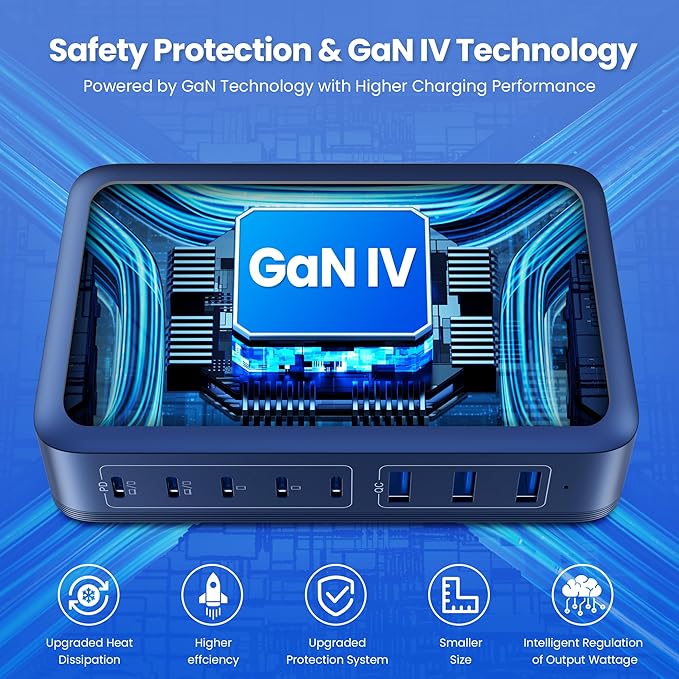 USB C Charger 415W USB C Charger Block, 8-Ports GaN IV Fast Charging Station Hub,Dual PD 100W Laptop Charger Adapter,for MacBook Pro/Air/iPad/iPhone16/15/14/13/Apple Watch/DELL/Samsung for Home(Blue)