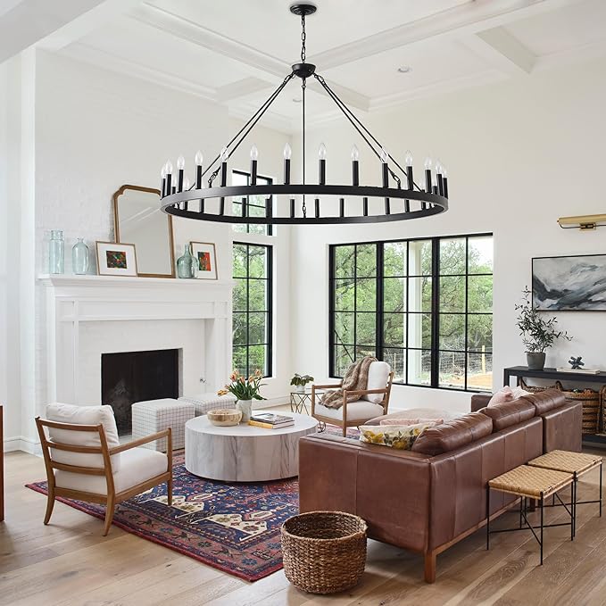 Large Farmhouse Wagon Wheel Chandelier 53",30-Light Black Round Rustic Ceiling Pendant Lighting Fixture,Industrial Chandeliers for high Ceilings Outdoor Porch Living Dining Room Kitchen Foyer