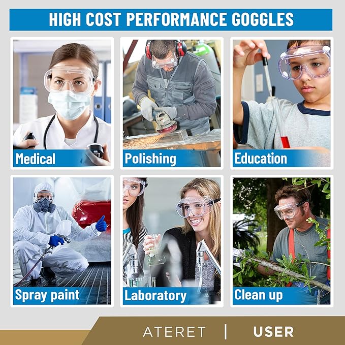ATERET Anti-Fog Protective Safety Goggles I Lightweight Adjustable Clear Lens Eyewear I Chemical Splash Protection Eyeglass