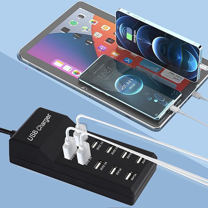 USB Charging Station, 10-Port Charging Station for Phones/Tablets/Watches (Black, 10 USB-A)