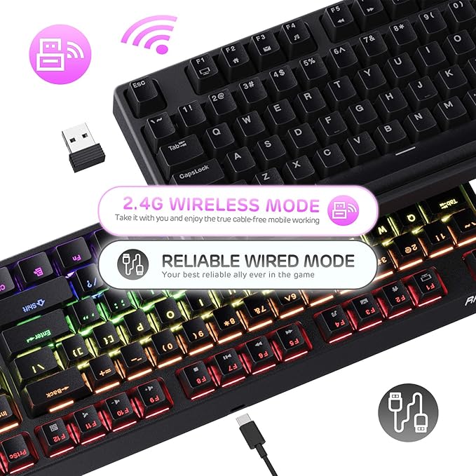 RK ROYAL KLUDGE RK87 Sink87G RGB Wireless TKL Mechanical Gaming Keyboard, 87 Keys No Numpad Tenkeyless Compact 2.4G Wireless Keyboard with Tactile Brown Switches, Exceptional Macro Settings