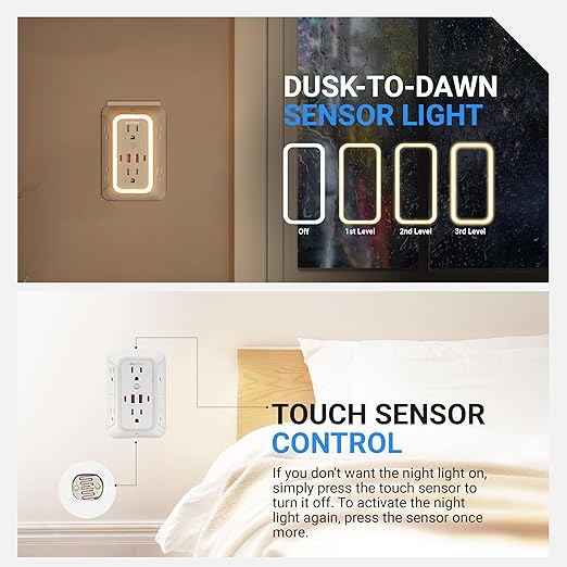 Wall Mount Power Strips Wall Charger 6 Outlet Extender 4 USB Ports (5V, 2.4A, 12W) and Night Light 3-Sided Power Strip with Adapter Spaced Outlets - Multi Plug Outlet Surge Protector for Home Office