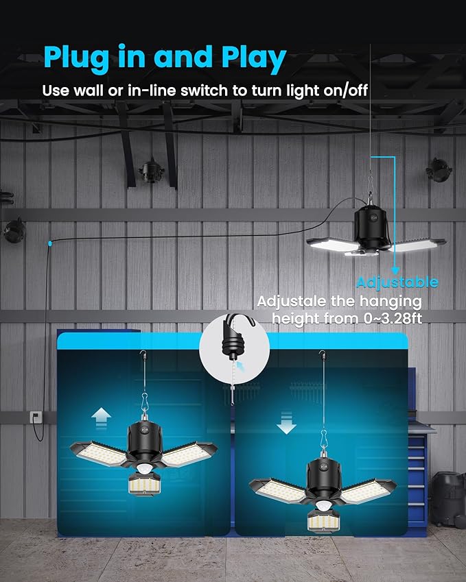 Motion Sensor Garage Light Plug-in 80W 8000LM, Motion Activated Led Shop Light with E26 Socket Adapter, 3 Modes Indoor Bulb for Basement/Workshop 1Pack