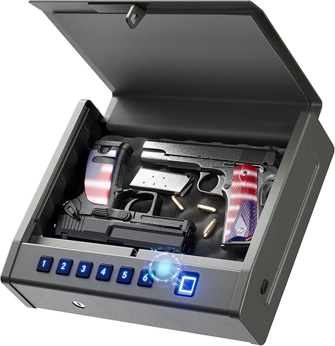Biometric Gun Safe for Handgun – Quick Access Pistol Safe with 100 Fingerprints, Backlit Keypad & Backup Keys – Gun Lock Box for Nightstand, Bedside, Car, Truck & Vehicle Use