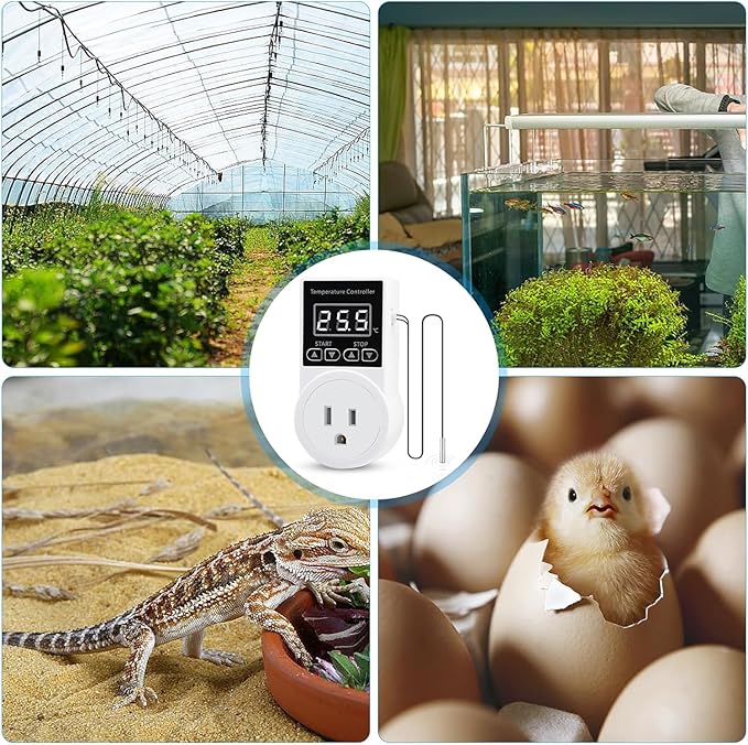 Digital Thermostat Plug Socket, Only Celsius Display LCD Screen Temperature Controller with Waterproof Sensor Probe, Heating Cooling Temperature Switch Outlet for Reptile Greenhouse Terrarium