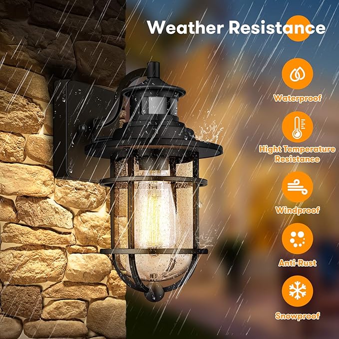 Motion Sensor Outdoor Wall Lantern Dusk to Dawn Waterproof Exterior Wall Sconce with Seeded Glass Black Wall Mount Light Fixture for Porch Doorway Garage, E26 Socket, Motion Activated