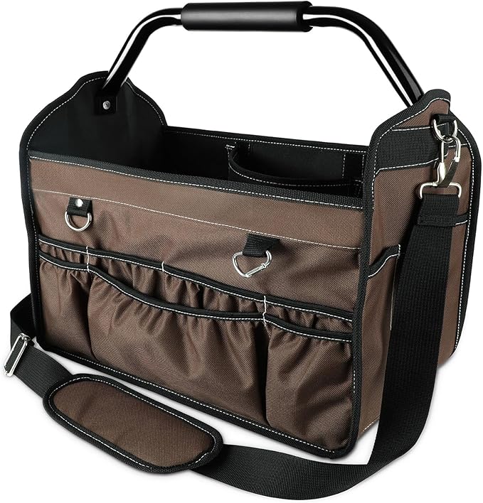 KUNLUN 17-Inch Open Top Tool Bag, Electrician Tool Bag, Tool Tote Bag Organizer for Easy Tool Access, 33 Pockets Foldable Tool Carrier with Rotating Steel Handle and Removable Shoulder Strap, Brown