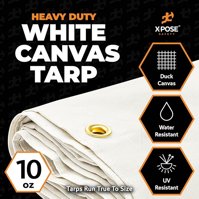 Xpose Safety Canvas Tarp - 10oz White Canvas Tarps Heavy Duty Water Resistant with Brass Grommets- Multipurpose Outdoor Tarpaulin for Camping, Canopy, Trailer, Equipment Cover 20' x 40'