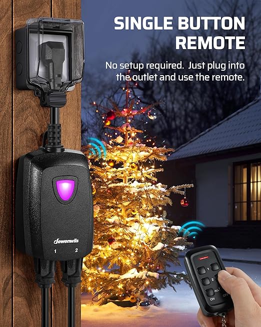 DEWENWILS Outdoor Wireless Remote Outlet, 2-in-1 Individual Control Sockets, 2 Independent Control Sockets Weatherproof Remote Control Switch, 15A Heavy Duty with 2 Remote for Lights, FCC Listed