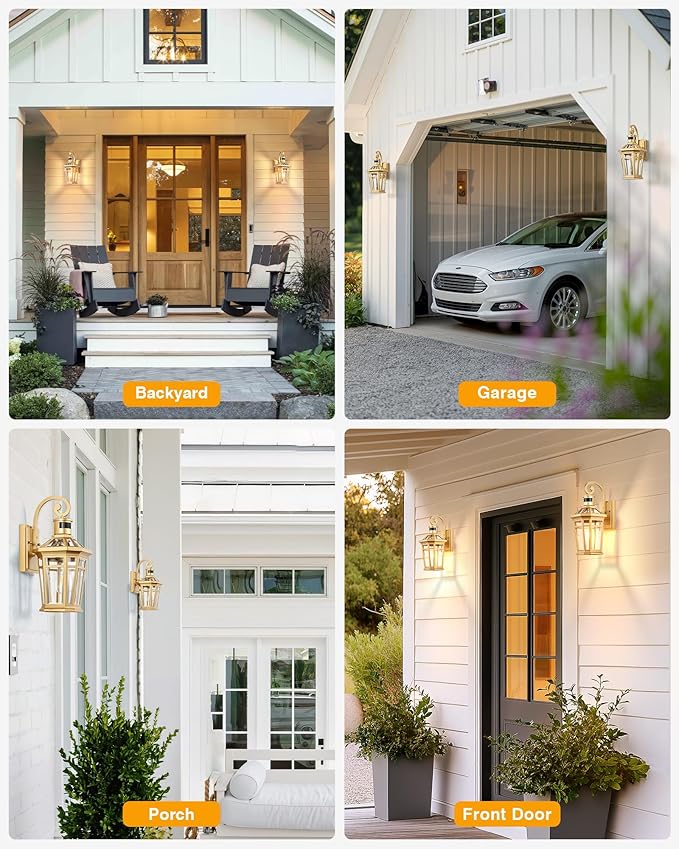 Motion Sensor Outdoor Wall Lights, 2-Pack Outdoor Porch Lights Wall Mount, Gold Exterior Wall Sconce Lantern, Anti-Rust Patio Wall Light Fixture, Outside Garage Lights, Adjustable Sensitivity