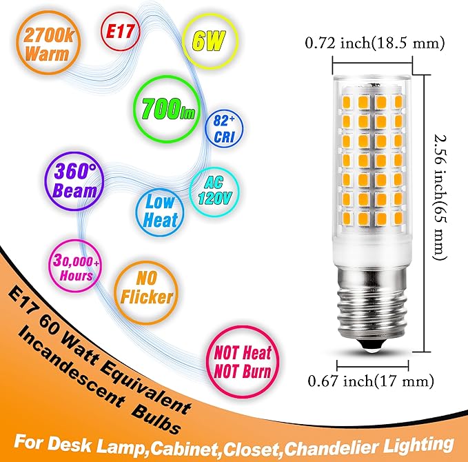 E17 LED Ceiling Fan Light Bulb 6W (60W Halogen Equivalent) 2700K Warm White 700lm 120V LED Intermediate Base Bulb for Appliance,Desk Lamp,Cabinet,Closet,Chandelier Lighting,Non-dimmable,5pack