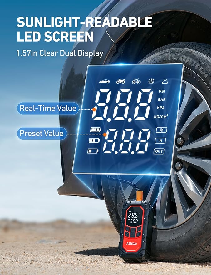 AstroAI S8 Air Nano Jump Starter with Air Compressor, 1500A Peak 150PSI Compact & Portable Car Battery Booster (6.0 Gas/3.0L Diesel Engine), 12V Super Safe Lithium Jump Box, Tire Pump, Lights (Red)