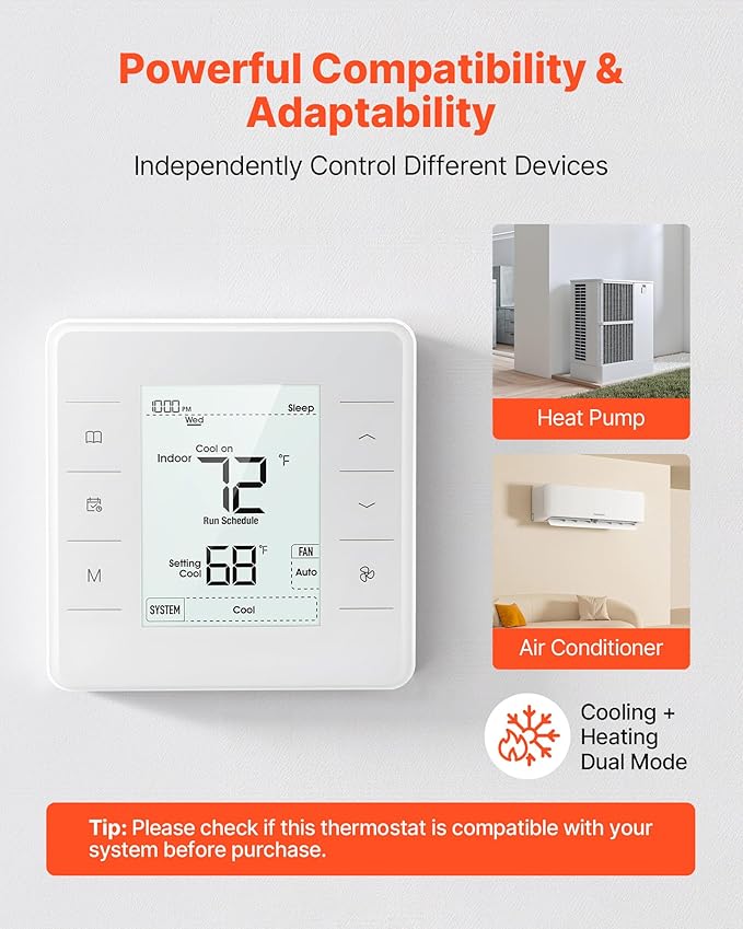 VEVOR 7-Day Programmable Thermostat, Home Thermostats for Heat Pump,Air Conditioner,Underfloor Heating, LED Screen with Backlight & 1Cool+1Heat,Energy-Efficient,Wide Temp Range,White