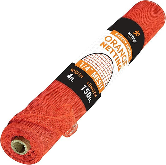 Construction Safety Debris Netting - 150 Ft Temporary Material Roll, 1/4" Mesh Scaffold Net Enclosure, Barricade, Visibility Barrier, Fencing Roll, Heavy Duty Fire Retardant 4ft x 150ft, Orange