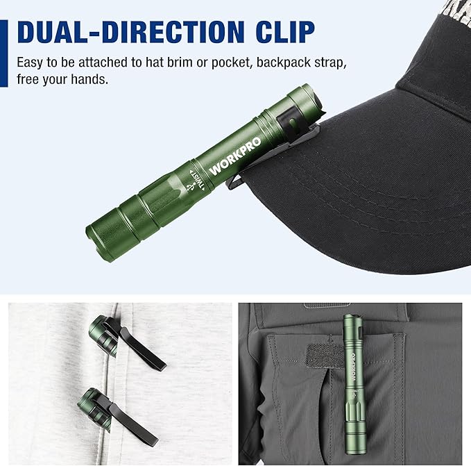 WORKPRO Rechargeable Pen Light, Mini Flashlight, 2 Pack Ultra-Compact EDC Flashlight, Pocket Flashlight with Clip, Memory Function and 2 x USB C Cable Included, Green