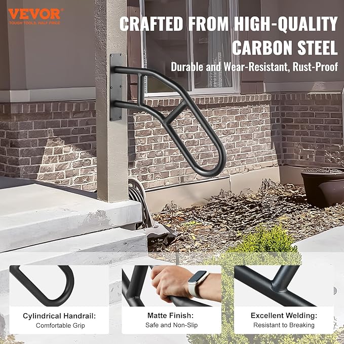 VEVOR Handrails for Outdoor Steps, 29" Length Wall Mount Safety Railings for 1-3 Steps, U-Shaped Handrail with Matte Black Finished, Stair Handrails for Kids, Elderly, Pregnant Women, Disabled