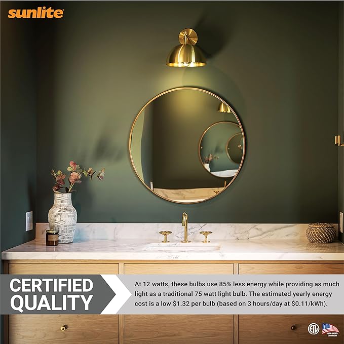 Sunlite 80859-SU LED A19 Light Bulb, Non-Dimmable 12 Watt (75W Equivalent), 1100 Lumens, Medium (E26) Base,ETL Listed, 3000K Warm White, 3 Count