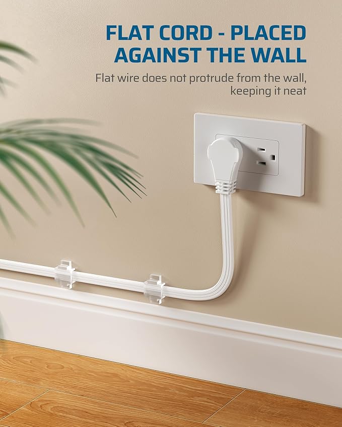 DEWENWILS 6FT Flat Plug Extension Cord, 3 Prong Ultra Thin Power Strip, 360° Rotating Plug, 13A/125V/1625W, 16 Awg Grounded Flat Power Cable for Indoor Narrow Space, SPT-3, ETL Listed, White