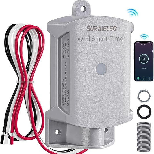 SURAIELEC 15 AMP WiFi Smart Timer Switch for Outdoor Electrical Boxes, 120V WiFi Pool Timer, for Waterproof Outlet Junction Box, Pool Light, Driveway Lighting, Security System, Holiday Decorations