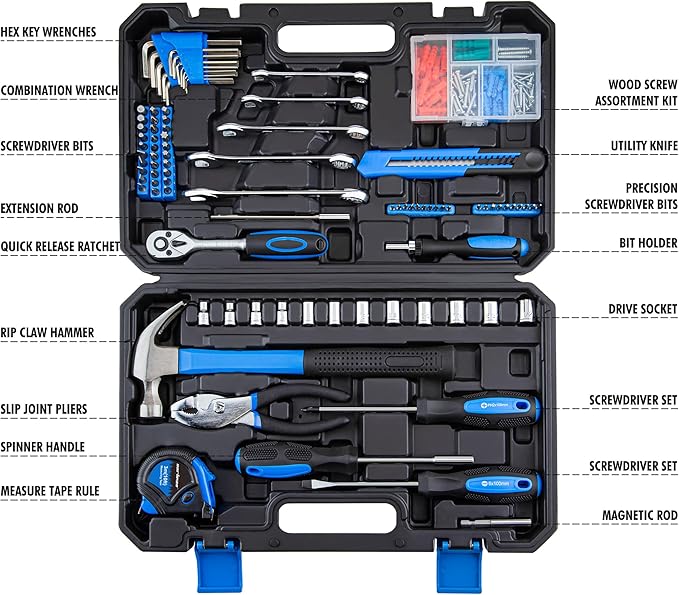 CARTMAN 180-Piece Socket Wrench Auto Repair Tool Combination Package Mixed Tool Set Hand Tool Kit with Plastic Toolbox Storage Case Blue