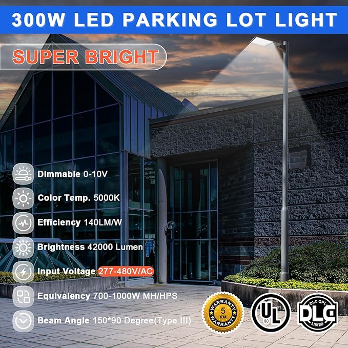 480V 300W LED Parking Lot Light, 42000LM(140lm/w) LED Shoebox Area Light(1000W HID/HPS Equiv.), 5000K Dimmable Outdoor Commercial Street Lighting -10KV Surge Protection IP65 277-480V UL DLC Listed