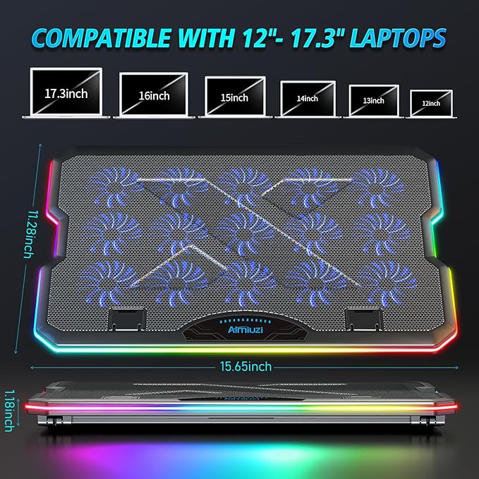 Gaming Laptop Cooling Pad, Laptop Cooler with 15 Quiet Fans for 12-17.3 Inch Notebook, Slim Portable Laptop Cooling Stand with 7 Height Adjustable, 2 USB Ports, Phone Stand