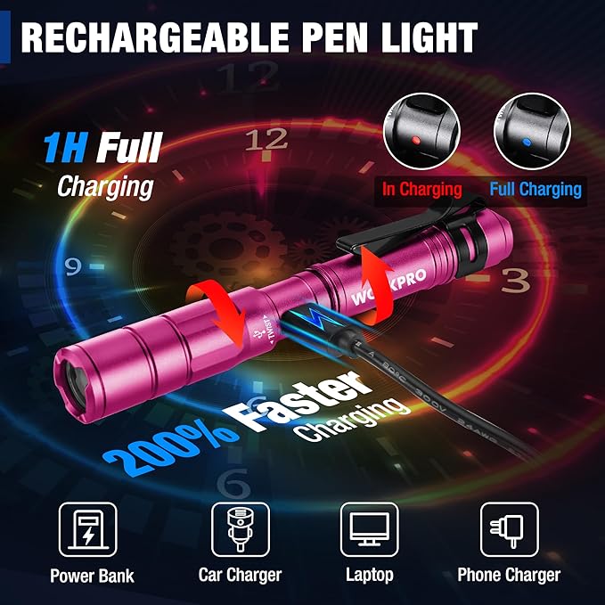 WORKPRO Rechargeable Pen Light, Mini Flashlight, 2 Pack Ultra-Compact EDC Flashlight, Pocket Flashlight with Clip, Memory Function and 2 x USB C Cable Included, Pink