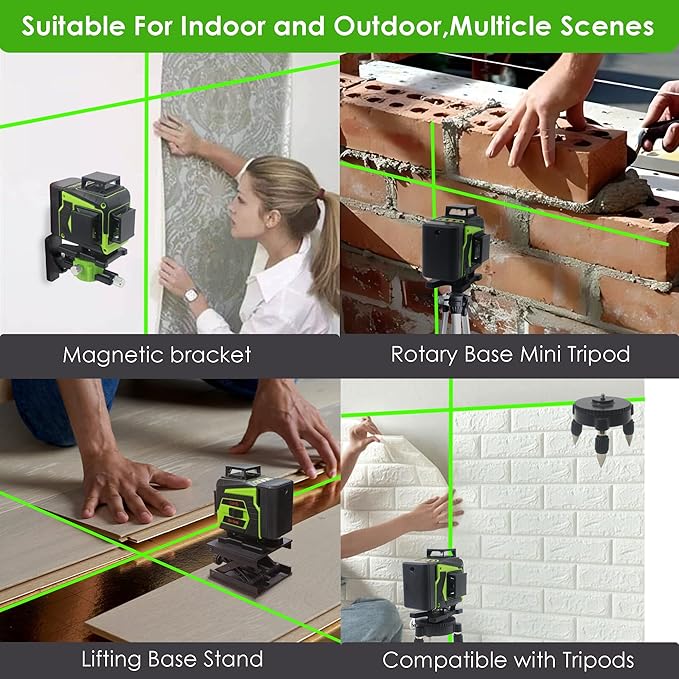 Laser Level 360 Self Leveling,4x360° 16 Lines 4D Green Cross Line Laser with 2 Batteries, Adjustable Brightness & Remote Control for Construction, Tiling, and Picture Hanging