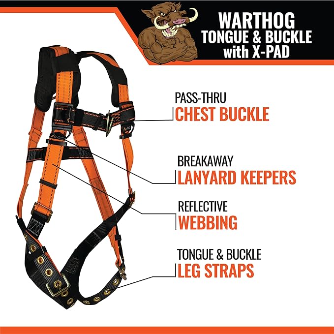 Malta Dynamics Warthog Safety Harness Fall Protection, Tongue Buckle Legs & X-Pad, Full Body Harness, OSHA/ANSI Compliant