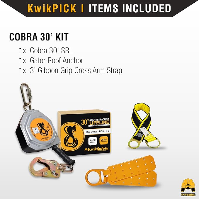 KwikSafety - Charlotte, NC - Cobra 30' KIT [Cable Self Retracting Lifeline + 3FT Cross Arm Strap + Roof Anchor] ANSI OSHA Class 1 Retractable Cable SRL Fall Arrest Construction Roofing PPE
