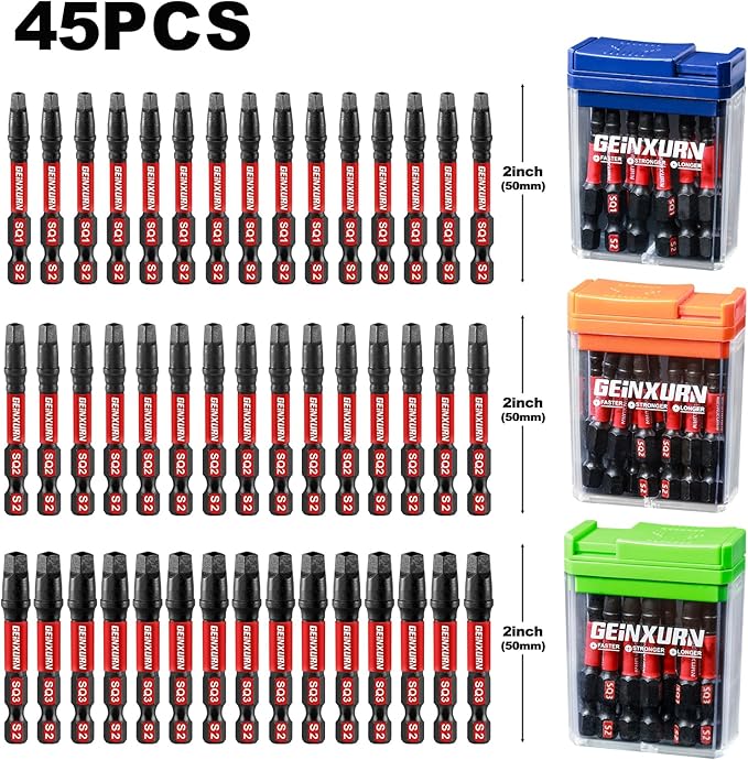 Impact Square Screwdriver Bits Set,45 Pcs 2" Magnetic (SQ1/SQ2/SQ3) S2 Steel Multi Driver Bits with Storage Colorful Box