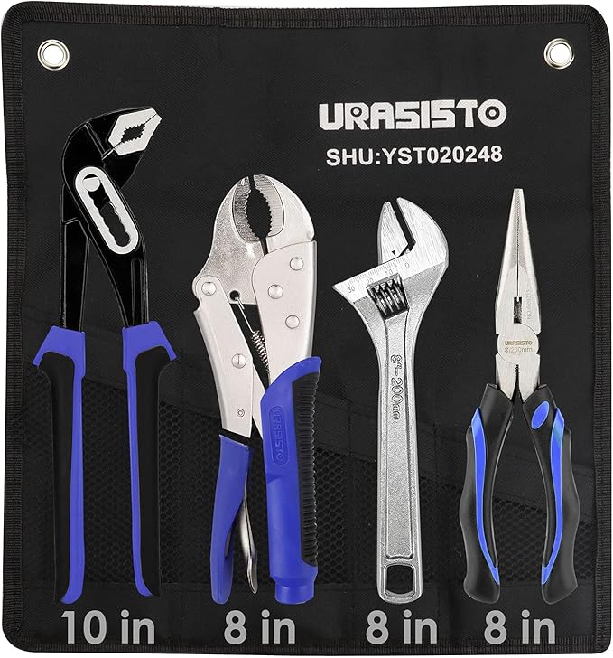 4-Piece Home Maintenance Tool Kit for Men, Including Groove Joint, Long Nose, Diagonal Cutting, Locking Pliers, Adjustable Wrench and Linesman Pliers, with Storage Pouch
