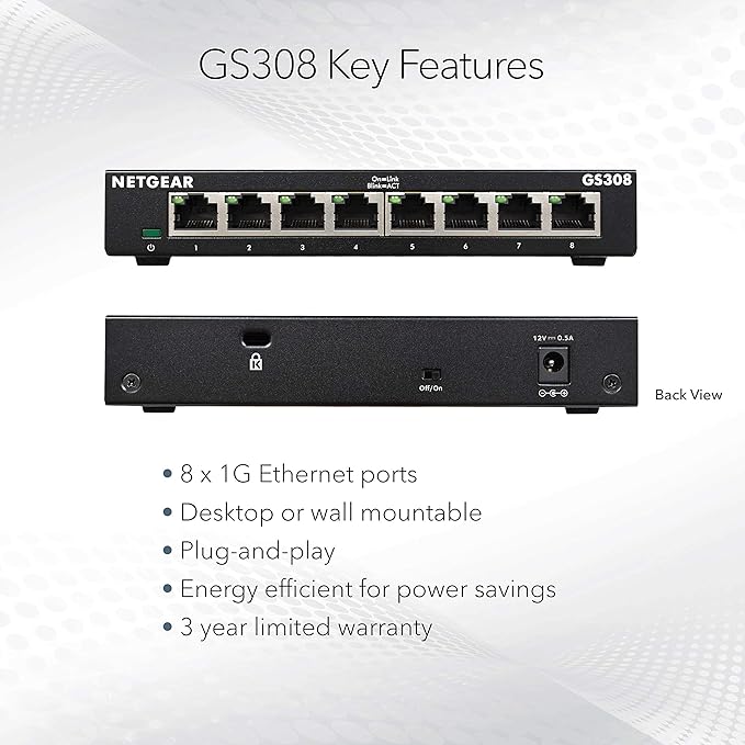 NETGEAR 8-Port Gigabit Ethernet Unmanaged Essentials Switch (GS308) - Home Network Hub, Office Ethernet Splitter, Plug-and-Play, Silent Operation, Desktop or Wall Mount