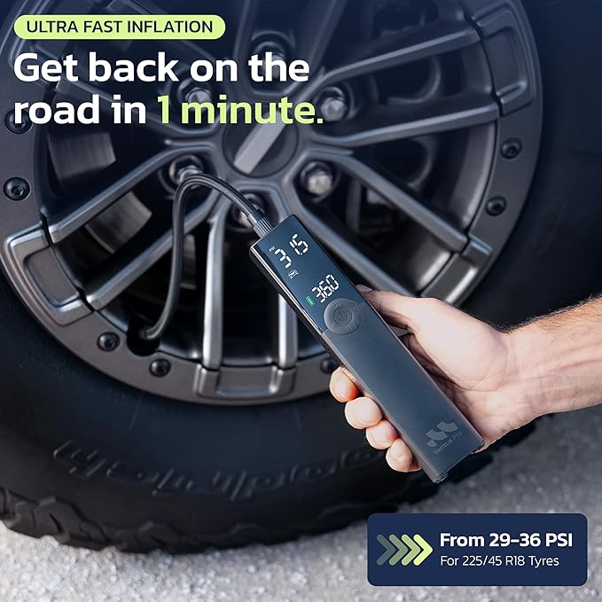 Tire Inflator Portable Air Compressor for Car, Bike, Motorcycle, SUV, Offroad & Truck - Fast Car Pump, 150 PSI, Cordless 12V DC, LED Display Emergency Light Woowind (Ventus pro)