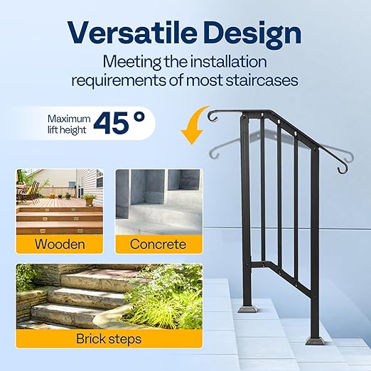 VIVOHOME 2-Pack 2 Step Galvanized Steel Hand Rails for Outdoor Steps – Curved Ends and Safety Balusters Exterior Railing for Porch, Deck, or Indoor Stairs, Complete Installation Kit