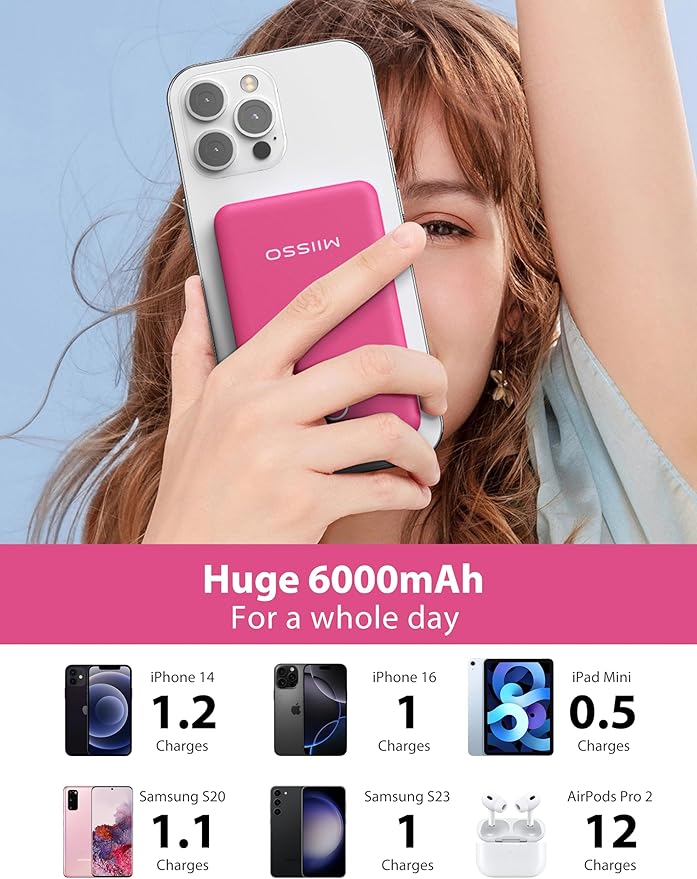 miisso 6000mah Ultra Slim Built in Cables Power Bank, Card Size Built in USB C Cords Battery Pack Portable Charger for Phones, 3 Output External Battery Pack Compatible with iPhone, Samsung, Plum Red