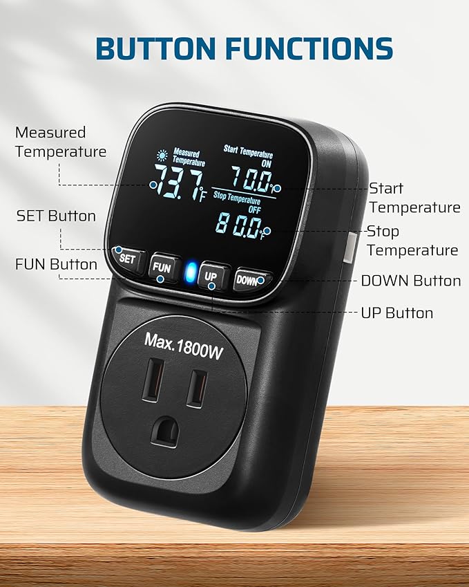 DEWENWILS Digital Temperature Controller, Heavy Duty 15A/1800W Thermostat Outlet Plug, VA Display Heating Cooling Control Timer, -40℉~210℉, Cyclic Timing/Countdown, for Greenhouse Incubator, Black