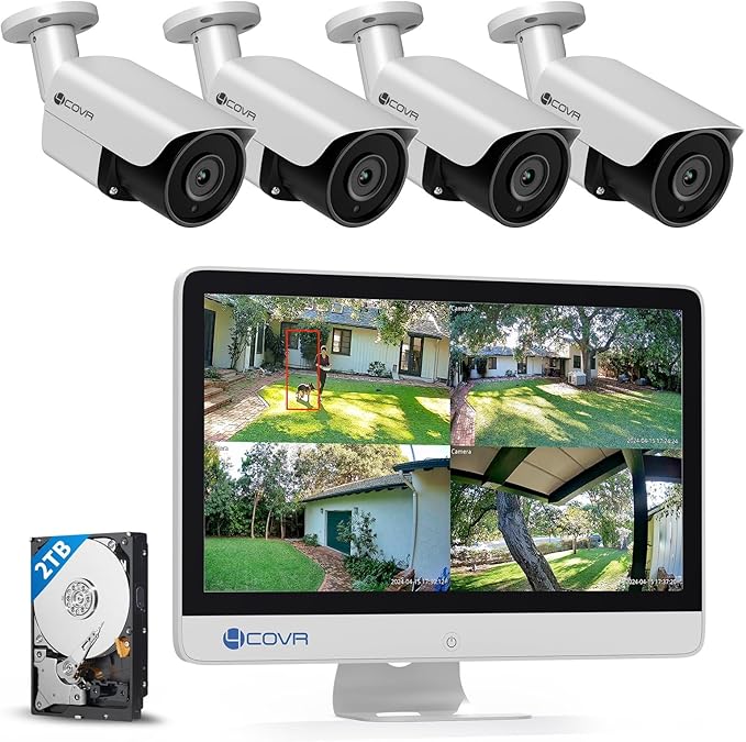 4COVR 4K Security Camera System with Monitor, 8CH 8MP H.265 UHD NVR with Monitor Pre-Installed 2TB HDD, 4Pcs 8MP IR Bullet Wired PoE IP Camera IP67, Person Vehicle Detection, LY37EX8MU804