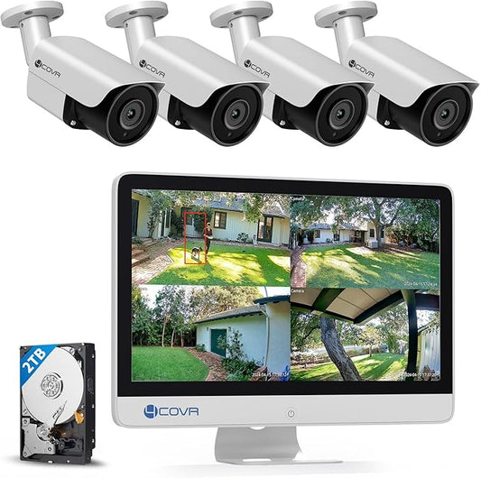 4COVR 4K Security Camera System with Monitor, 8CH 8MP H.265 UHD NVR with Monitor Pre-Installed 2TB HDD, 4Pcs 8MP IR Bullet Wired PoE IP Camera IP67, Person Vehicle Detection, LY37EX8MU804