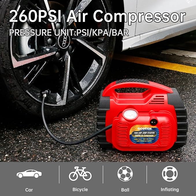 Jump Starter, acetek 1000Amp 12V Lead-Acid Battery Jump Starter with 260 PSI Air Compressor, Jump Box for Up to 5.0L Gas & 5.0L Diesel Engines, Portable Power Station with LED Light