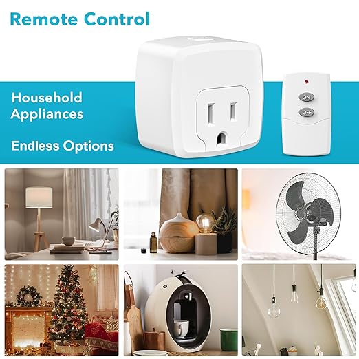 HBN Remote Control Outlet with 100FT RF Signal, Wireless On Off Switch Plug for Household Appliances, Battery Included, 15A/1875W(1 Outlet + 1Remote)