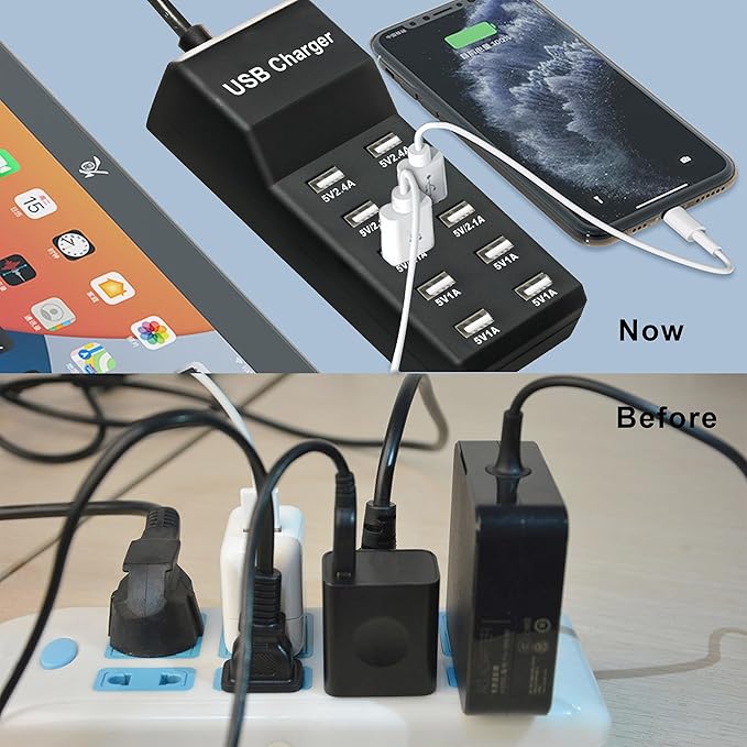 USB Charging Station, 10-Port Charging Station for Phones/Tablets/Watches (Black, 10 USB-A)
