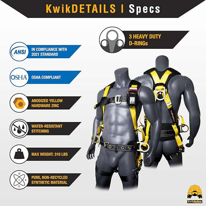 KwikSafety - TYPHOON Safety Harness [3 D-RINGS + BACK SUPPORT] Safety Harness Fall Protection Kit, 2025 ANSI Compliant