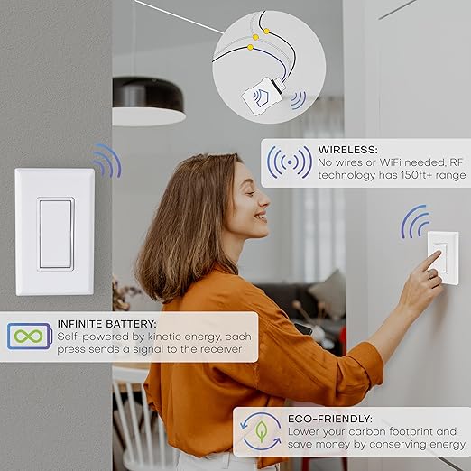 RunLessWire Self-Powered (NO Batteries) Wireless Light Switch & Receiver Kit No WiFi Needed DIY, Remote 150+ft RF Range - 3 Way Simple: 1 Receiver, 2 Switches - White