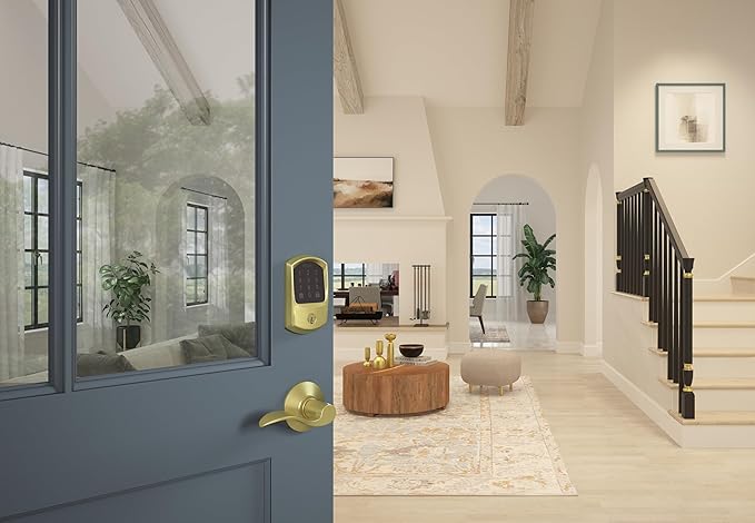 Schlage Encode Smart WiFi Deadbolt Lock for Front Door - Keyless Entry with App or Touchscreen - Compatible with Alexa, Hey Google, & Airbnb - Create Codes for Guests - Satin Brass Gold