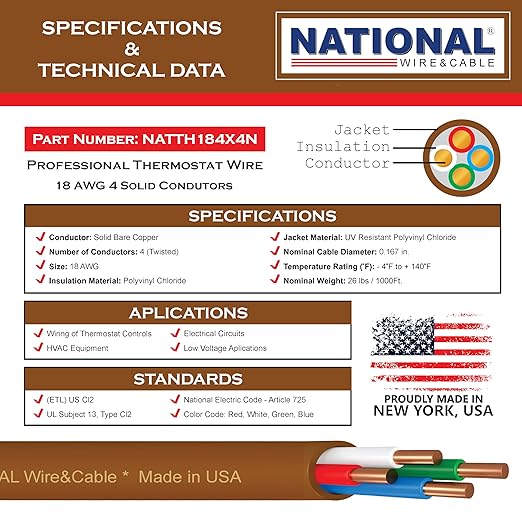 18/4 25Ft. NATIONAL Wire&Cable Thermostat Doorbell HVAC Heating Control Professional Cable Wire - Made in USA - 100% Solid Copper Conductors, CL2 ETL Listed, Low Voltage Applications Use